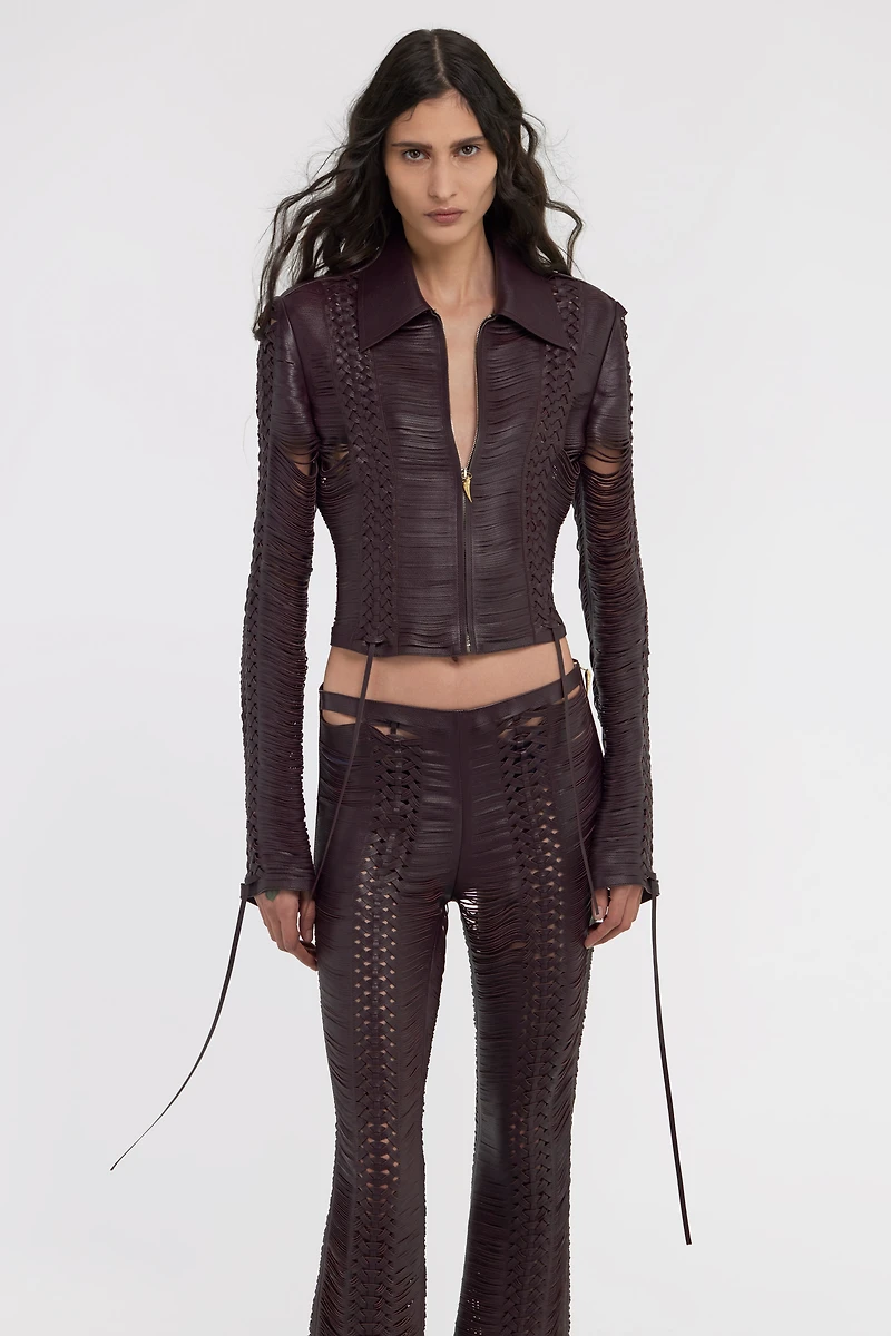 Dark Brown Woven Leather Bomber Jacket