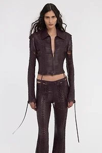 Dark Brown Woven Leather Bomber Jacket