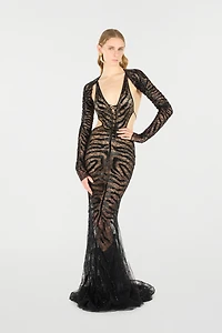 Long Ray Of Gold Sequined Dress