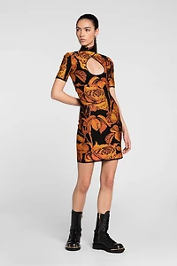 Rose-Jacquard Cut-Out Mini Dress
