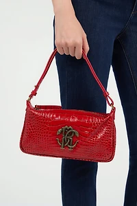 Red Croc-Embossed Shoulder Bag With Mirror Snake