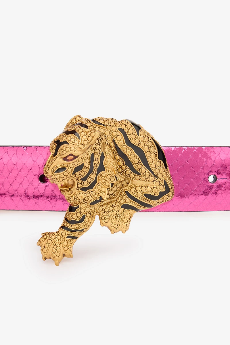Belt with Snake Print and Jewel Tiger Detail