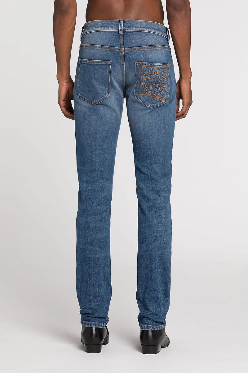 Mirror Snake-Embroidered Slim-Fit Jeans