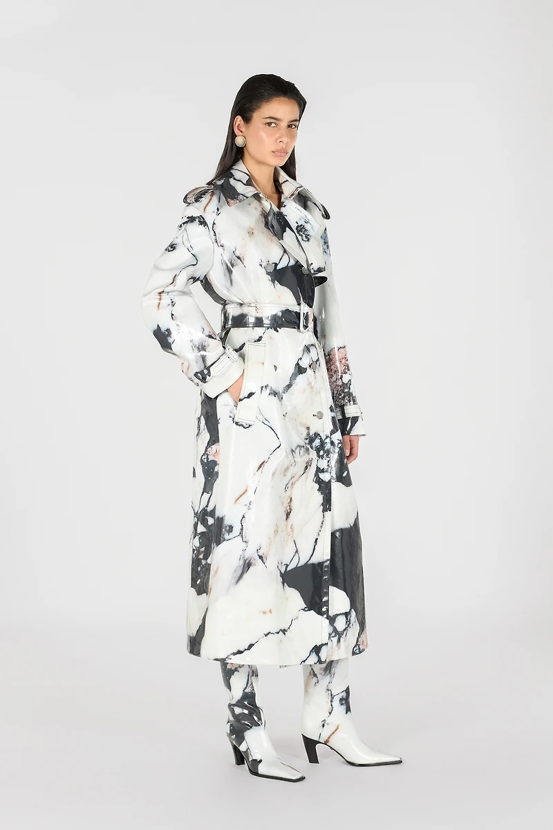 Double-breasted trench coat with Marble print