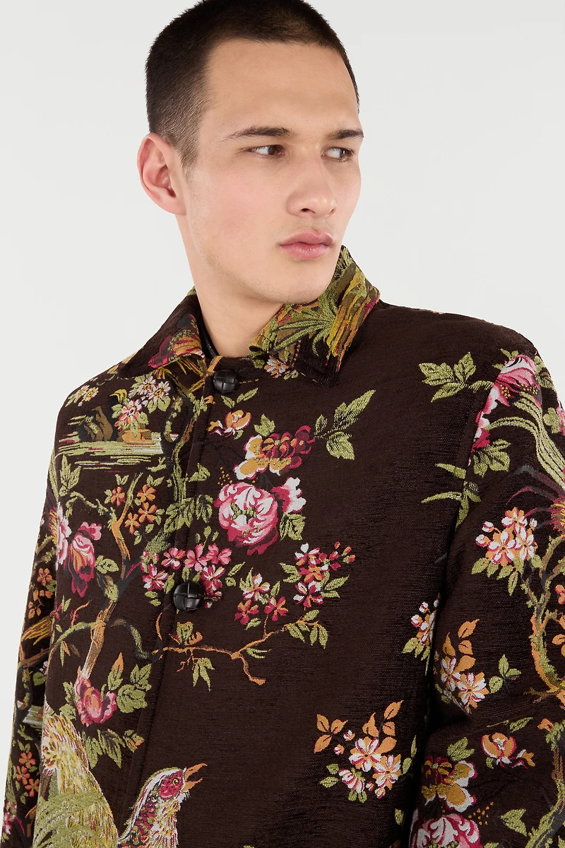 Wool-Blend Coat With Oriental Bird Print