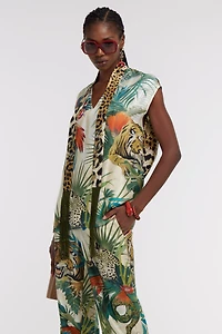 Jungle Print Silk Top With Scarf Detail