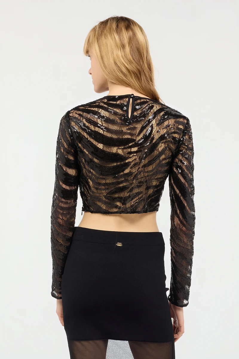 Crop Top With Rhinestone-Detailed Zebra Design