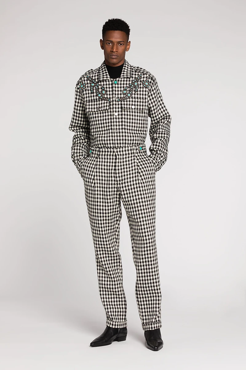 Gingham Straight-Leg Tailored Trousers