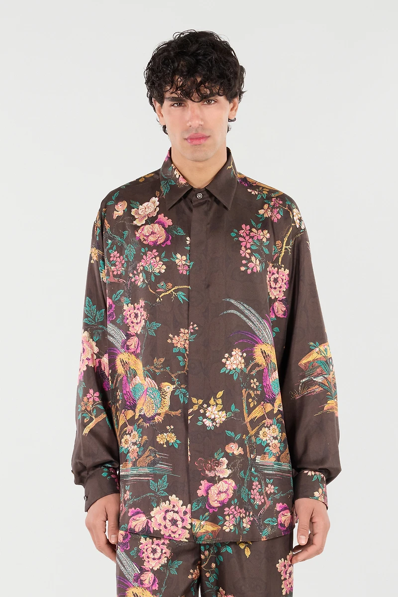 Silk Shirt With Oriental Bird Print
