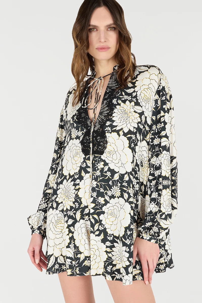Mini Dress With Floral Print And Lace