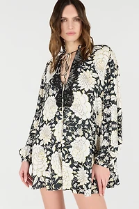 Mini Dress With Floral Print And Lace