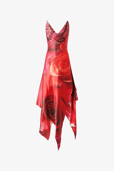 Dress With Asymmetric Skirt And Rose Print