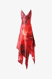 Dress With Asymmetric Skirt And Rose Print