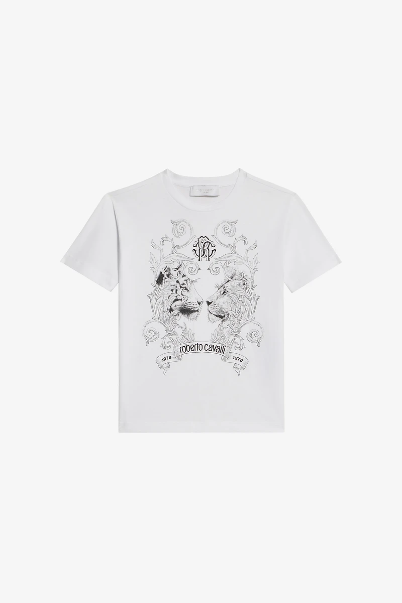 Optical White T-Shirt with Feline Print