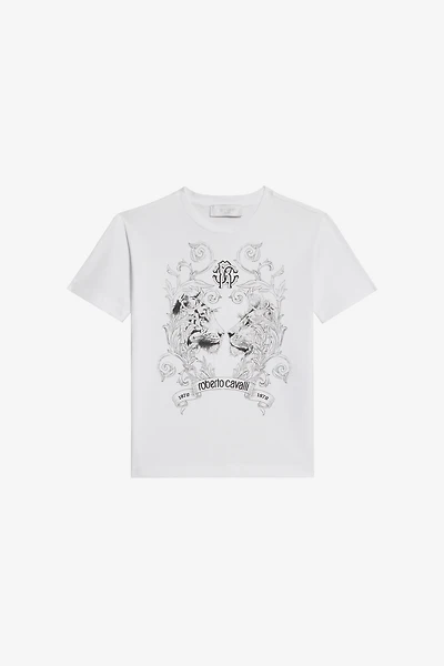 Optical White T-Shirt with Feline Print