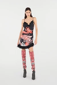 Silk Mini Dress With Dragon And Ruches