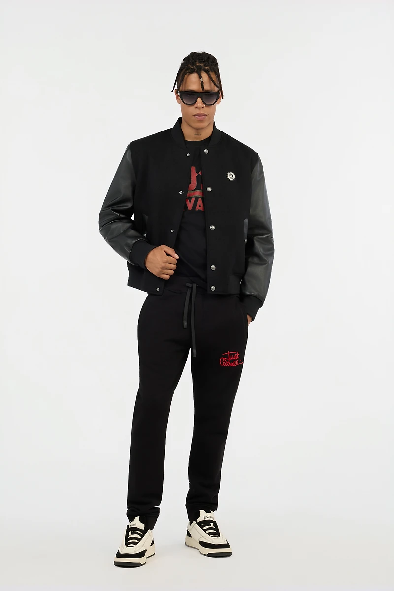 Black Bomber Jacket With Leather Sleeves
