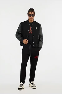 Black Bomber Jacket With Leather Sleeves
