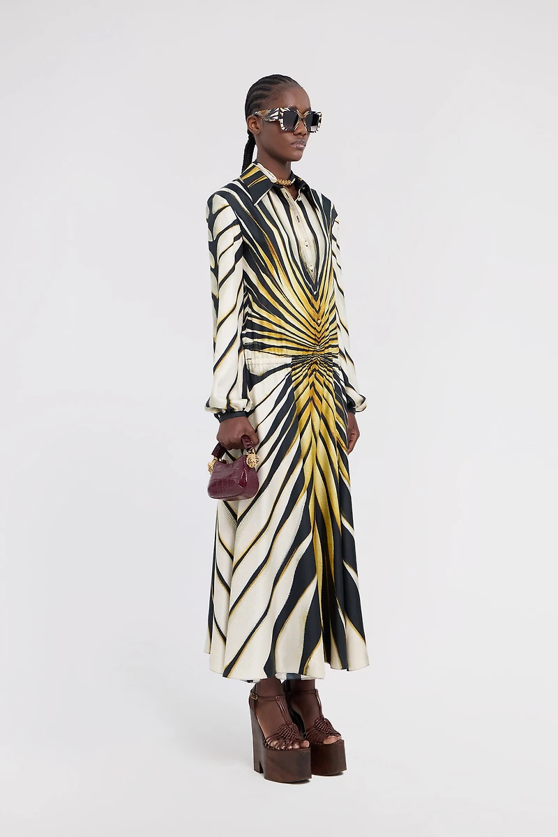 Ray Of Gold Print Silk Midi Dress