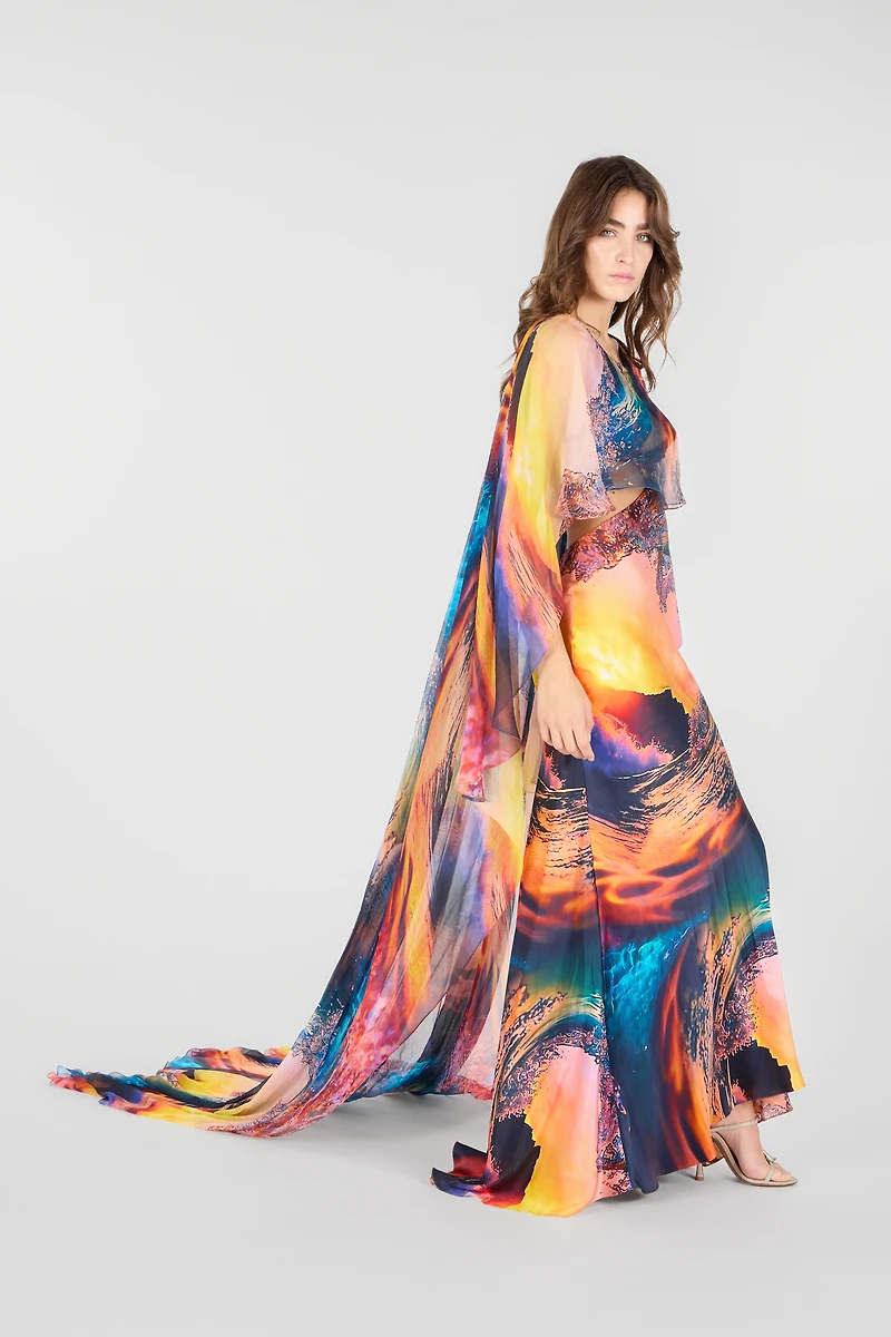 Itaca Print Long Dress with Cape