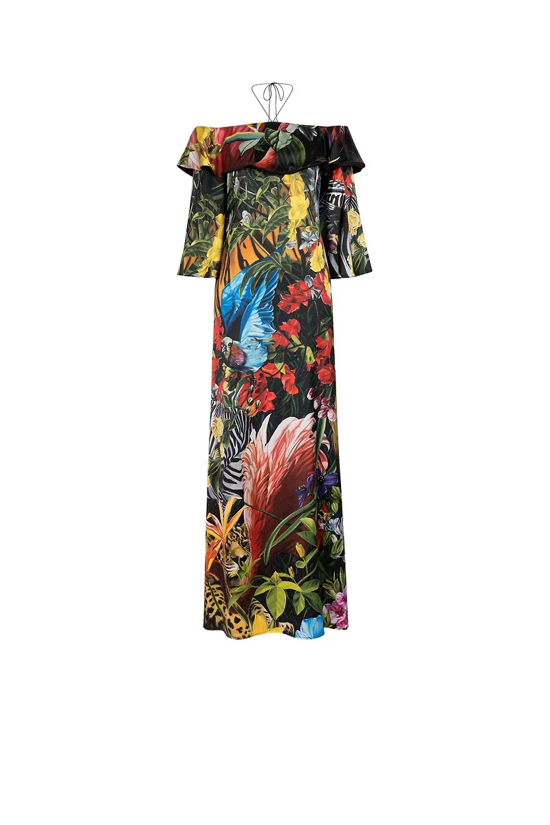 Tropical-Print Ruffled Maxi Dress