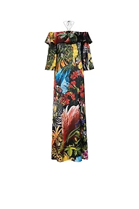 Tropical-Print Ruffled Maxi Dress