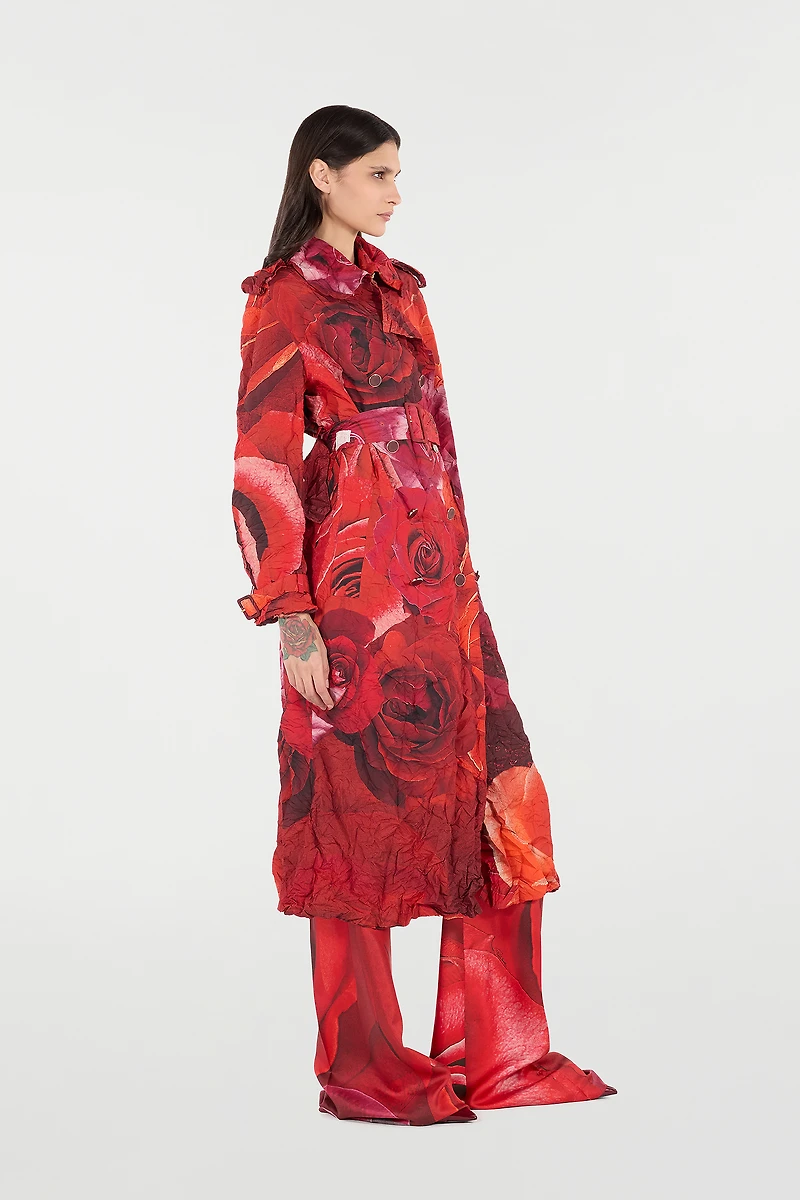 Long Crinkle-Effect Trench Coat With Rose Print