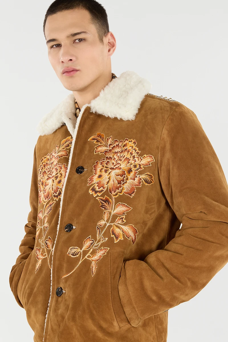 Suede Leather Jacket With Flowers And Tigers