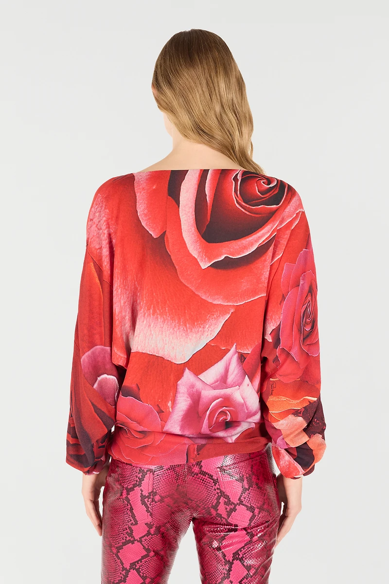 Sweater With Gathered Sleeves And Rose Print