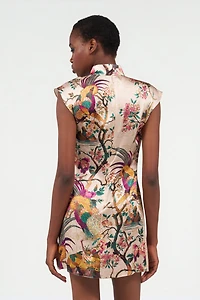 Oriental Bird Print Silk Mini Dress