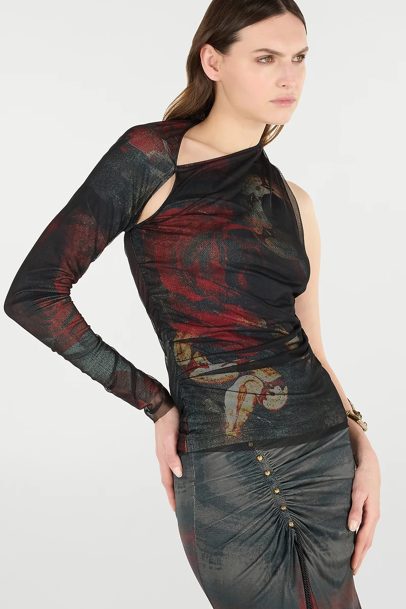 One-Sleeve Sweater With Rose And Snake