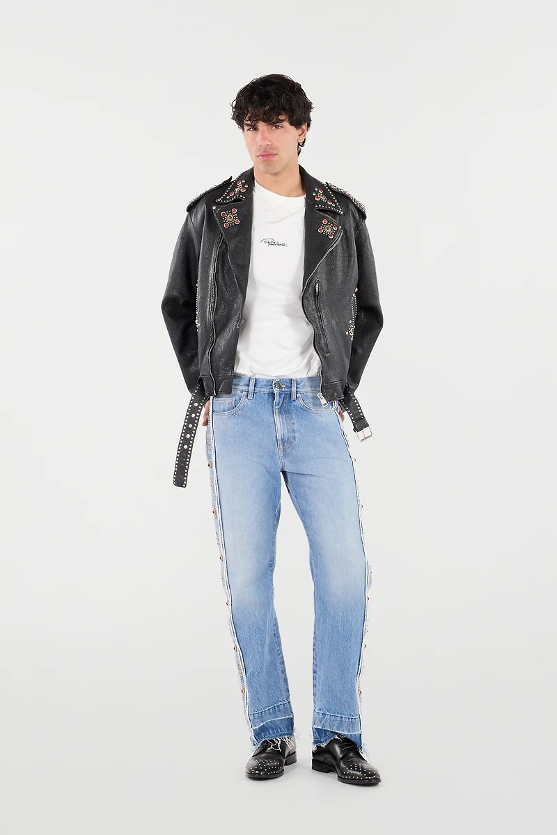 Leather Biker Jacket With Studs And Stones