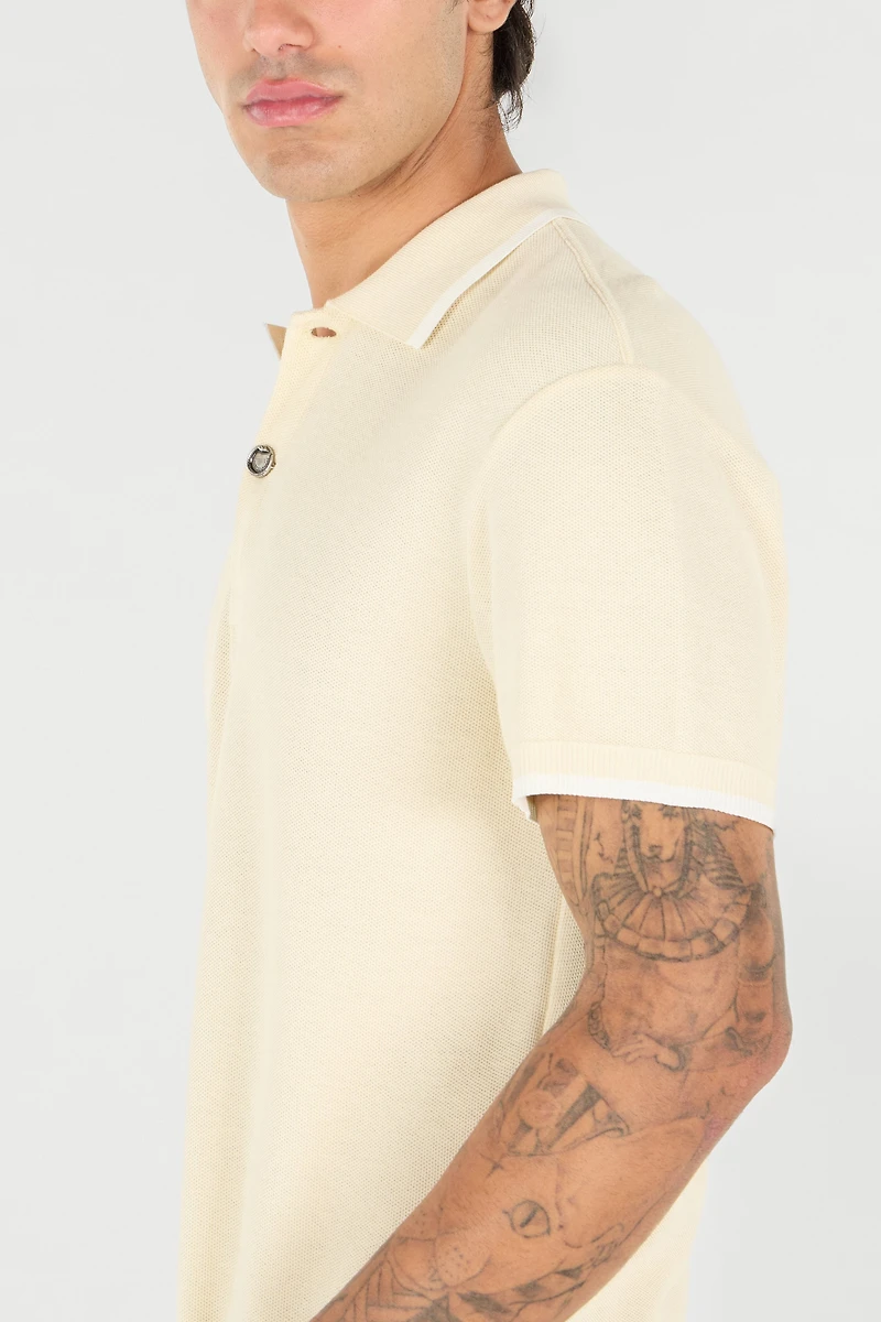 Cream Polo Sweater With Contrast Trim