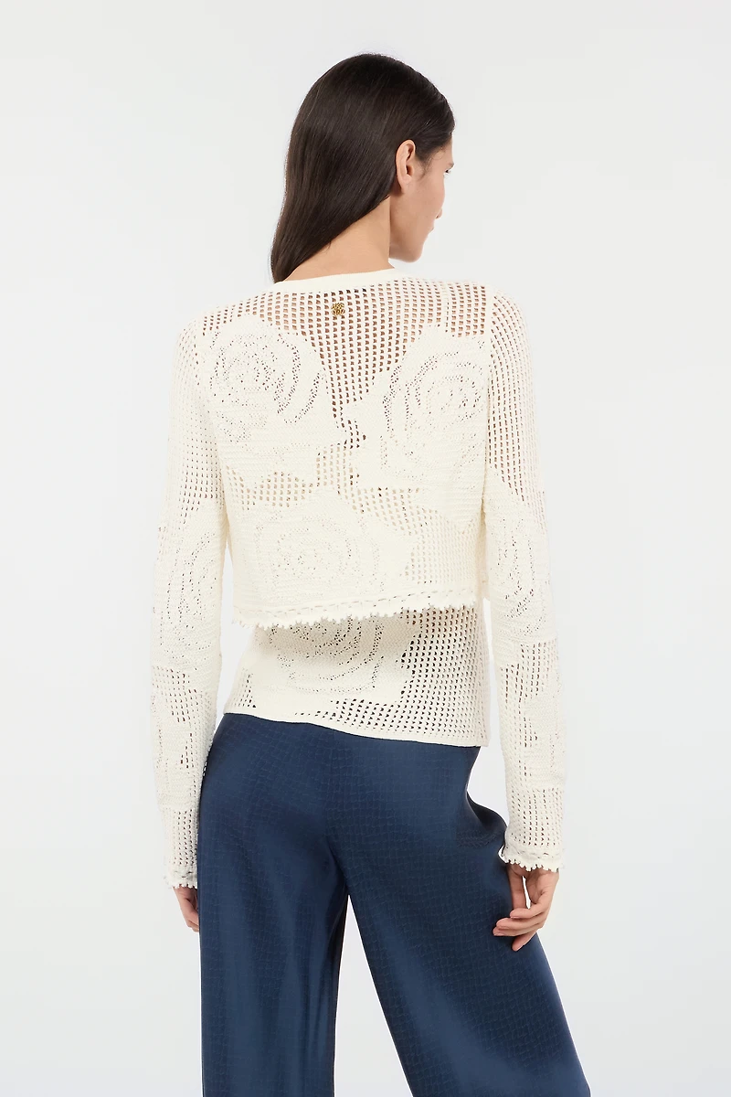 Openwork Cropped Cardigan With Roses