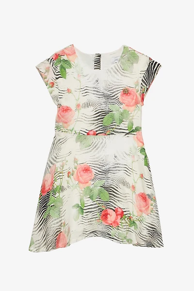 Dress With Mini Zebra And Rose Print