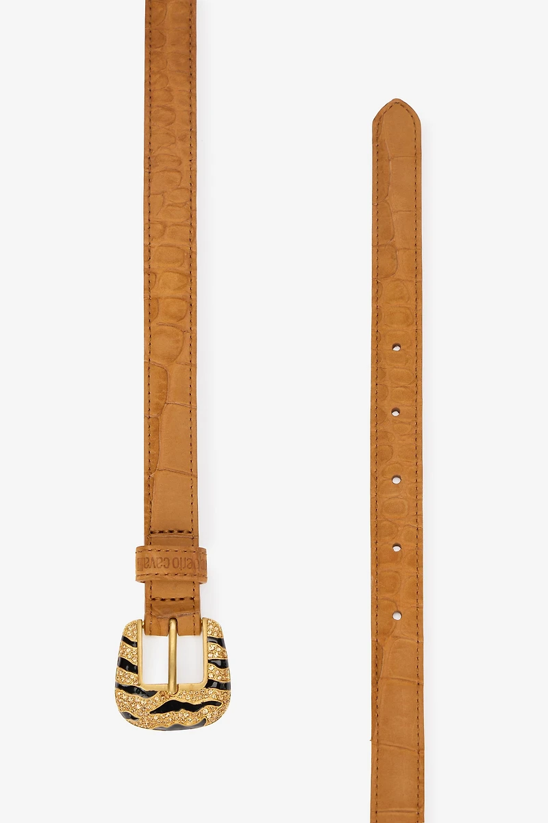 Crocodile-Effect Belt With Bejeweled Buckle
