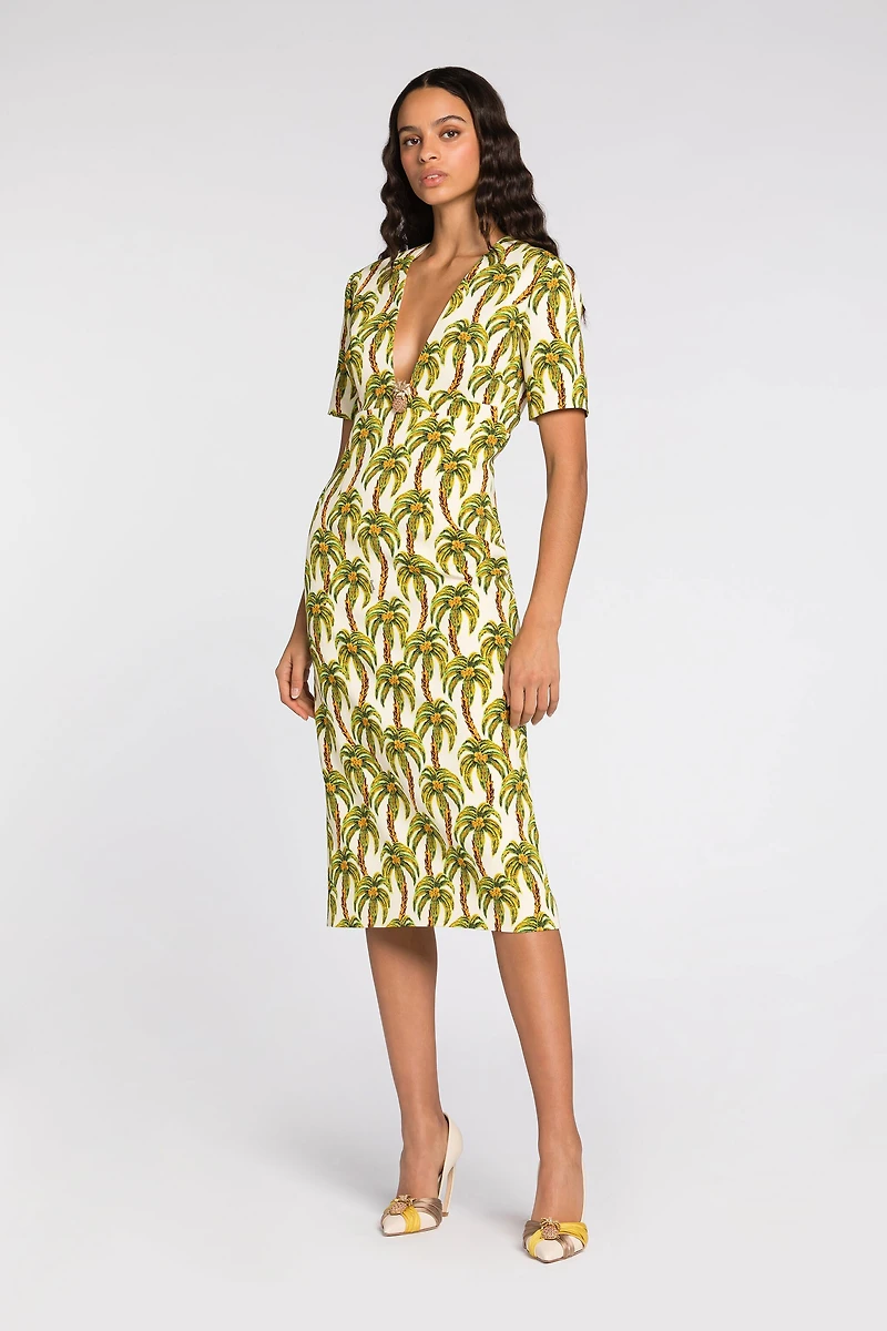 Palm tree-print midi dress
