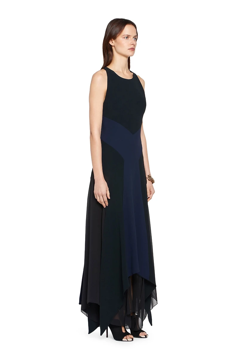 Long black and navy silk dress