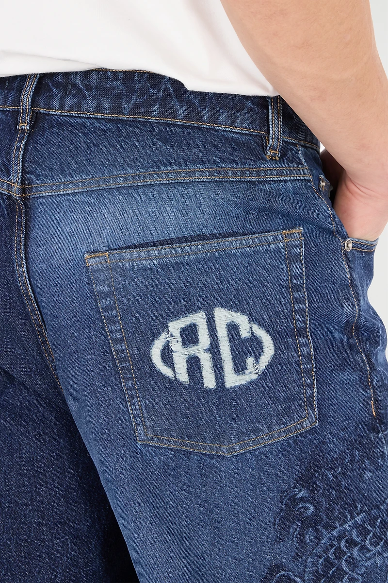 Jeans With Dragon And Floral Pattern