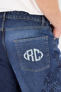 Jeans With Dragon And Floral Pattern
