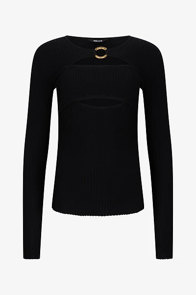 Black Ribbed Cut-Out Sweater