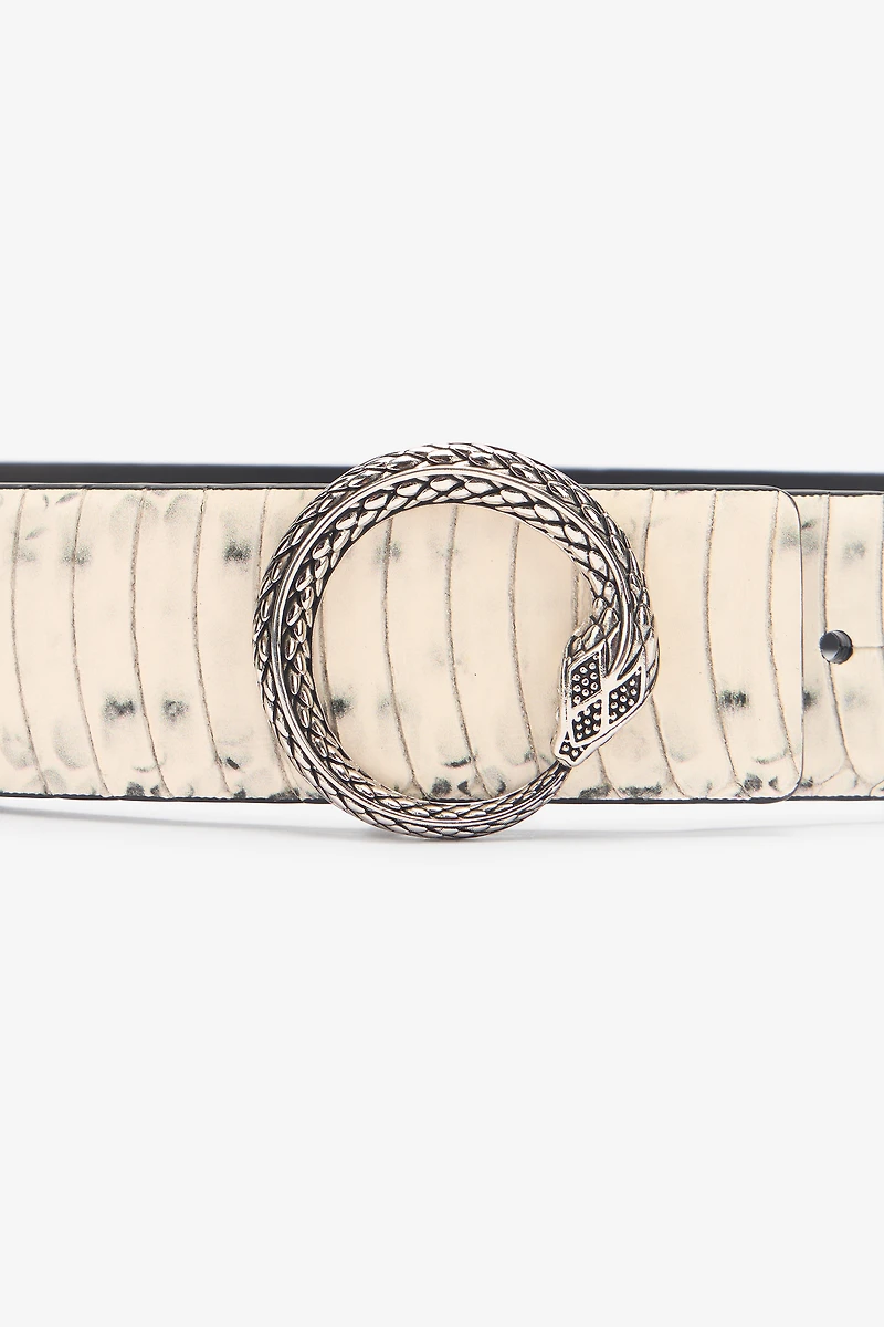 Printed Leather Belt With Snake Buckle