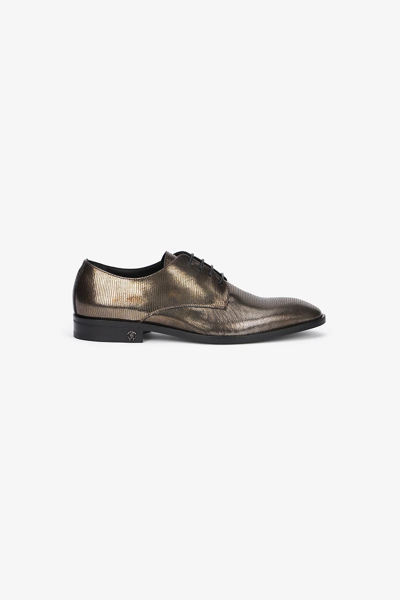Brown Lace-Up Leather Loafers with Python Effect