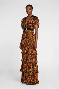 Jaguar-Print Pleated Silk Maxi Dress