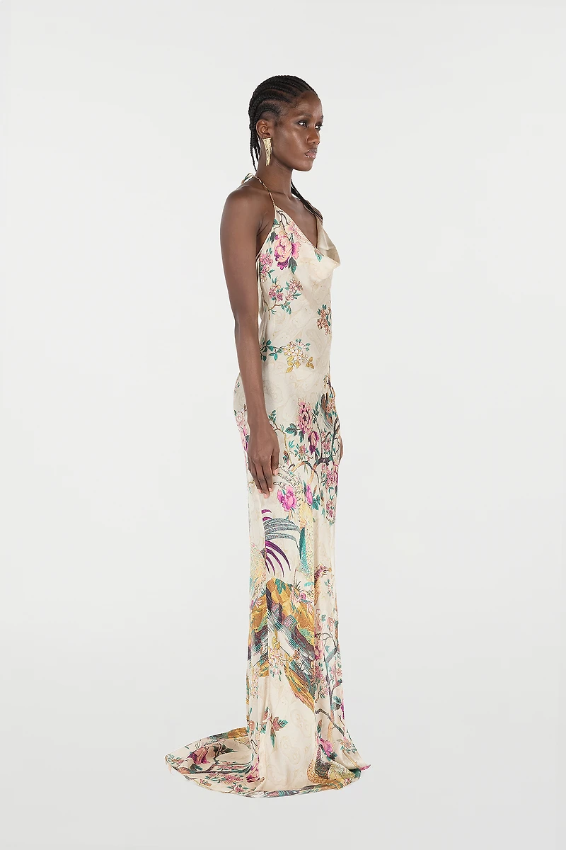Extra-Long Pure Silk Dress With Oriental Bird Print