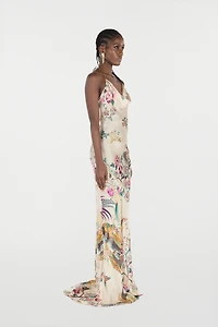 Extra-Long Pure Silk Dress With Oriental Bird Print
