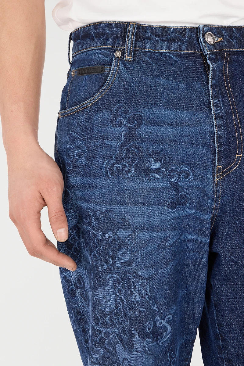 Jeans With Dragon And Floral Pattern