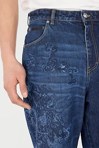 Jeans With Dragon And Floral Pattern