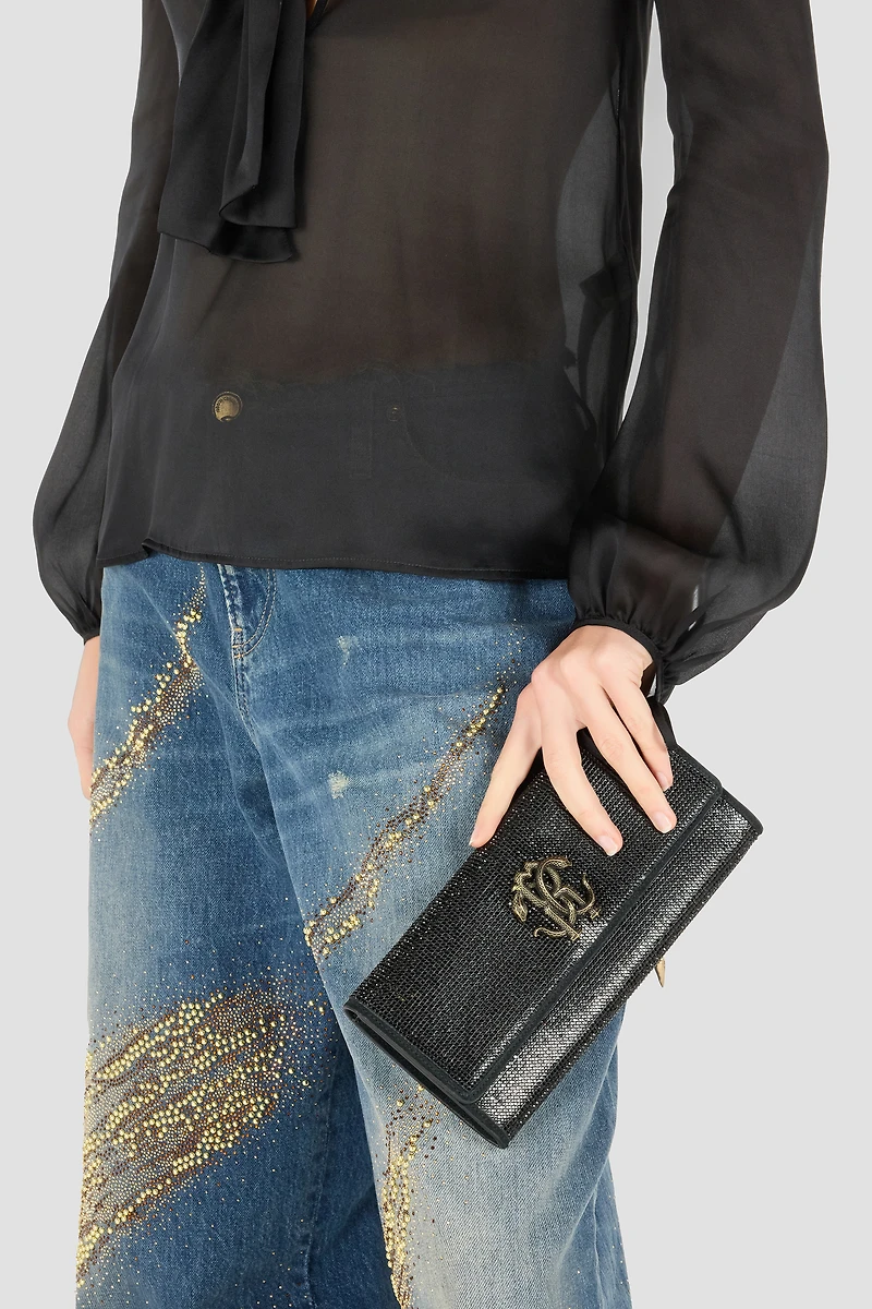 Black Crystal-Embellished Pochette Bag With Mirror Snake Monogram