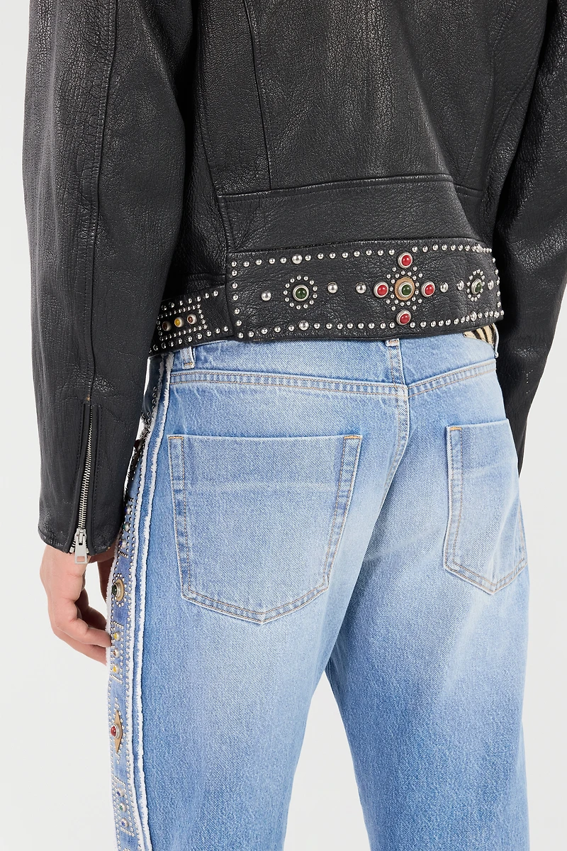 Leather Biker Jacket With Studs And Stones